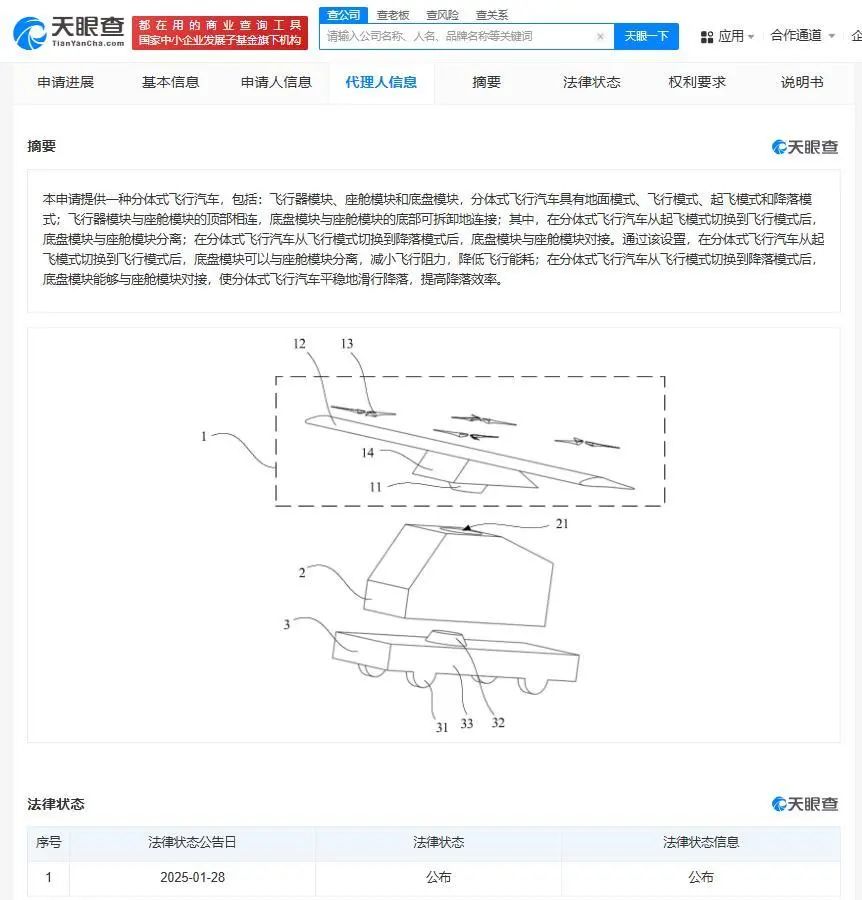 Tsinghua University Chery Automobile announces patent for split type flying car